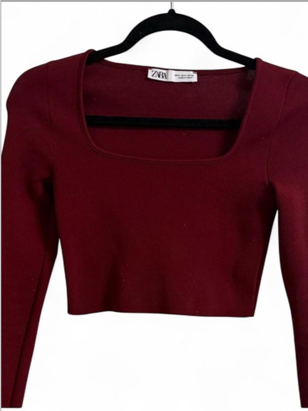 Zara Women's Burgundy Long-Sleeve Square-Neck Crop Top - size small